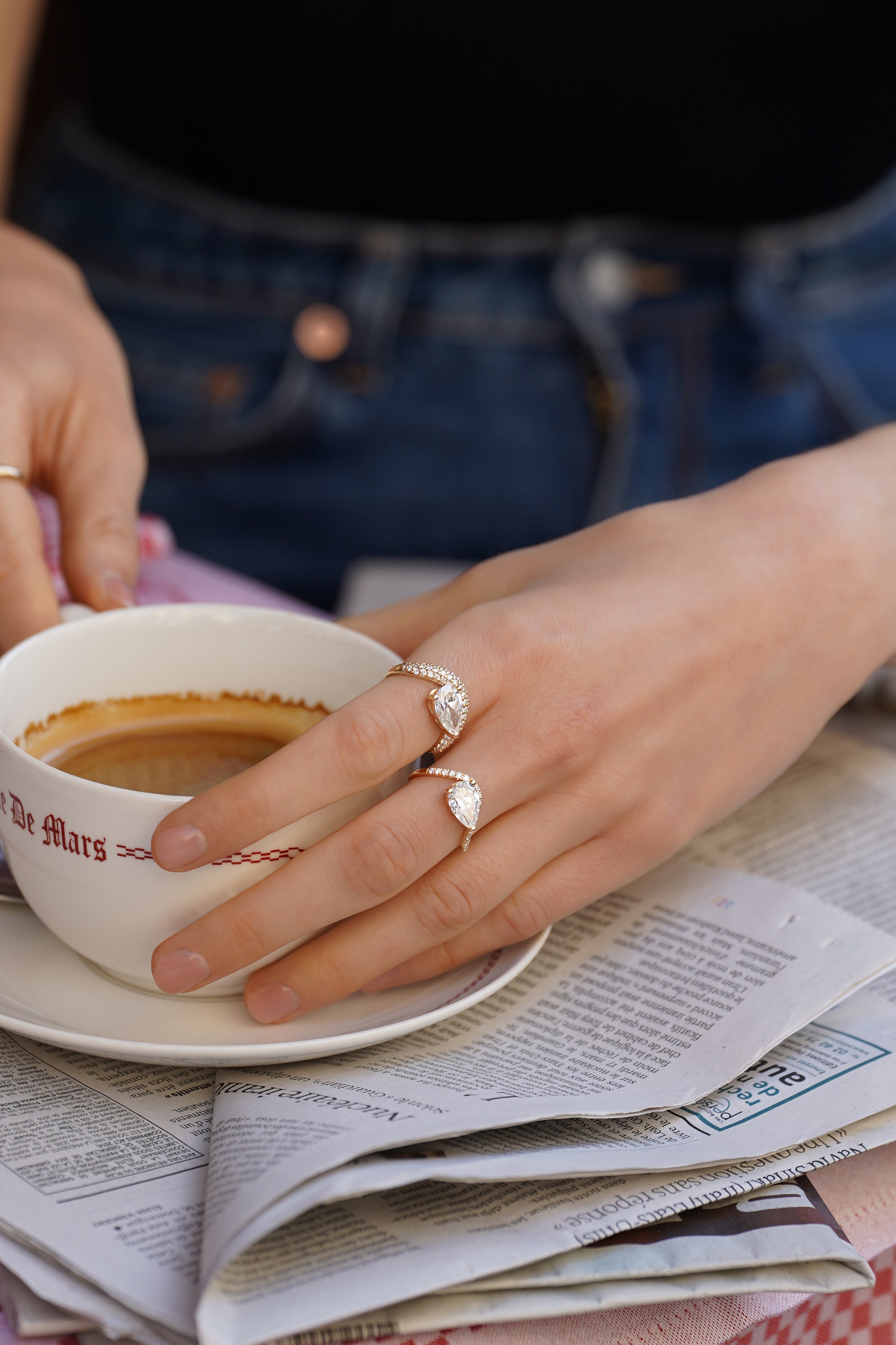 Bague Wave Poire pavée - Anneau fin
